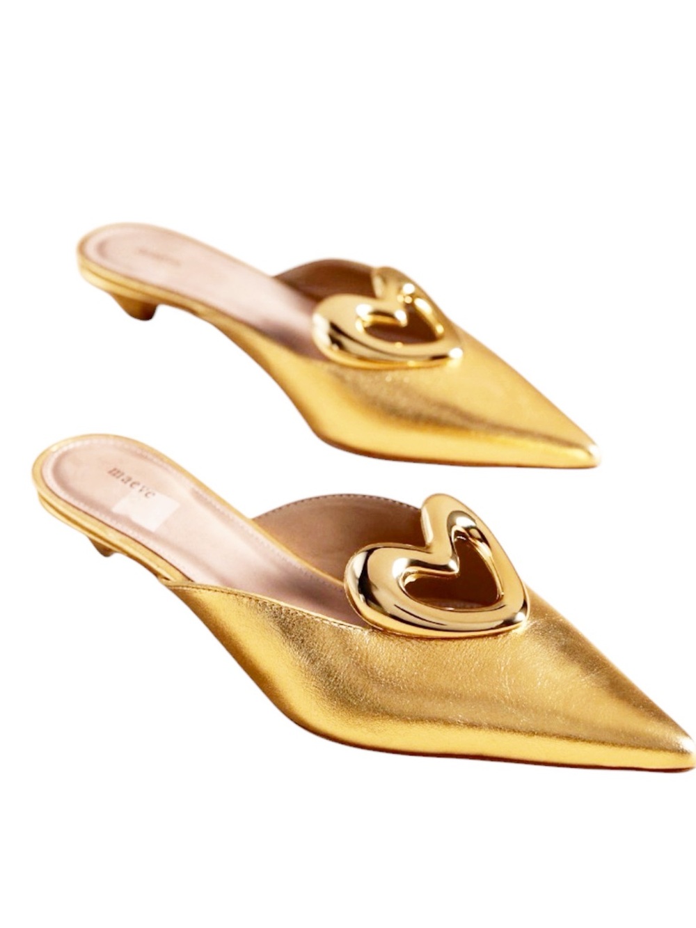 🆕{Maeve} Gold Metallic Leather Heart Mule Heels